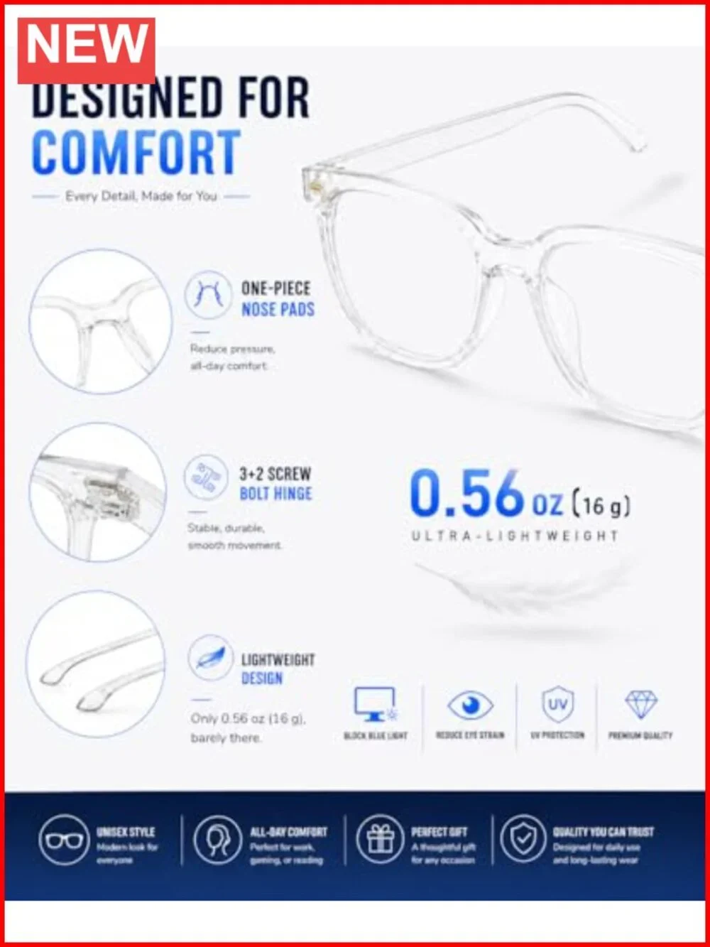 Oversized Square Blue Light Blocking Glasses TR90 Anti Glare Computer